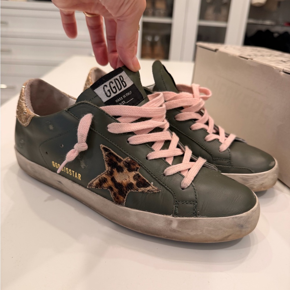 Golden Goose Olive Sneakers with Pink Laces Like New with duster and box - Picture 2 of 6